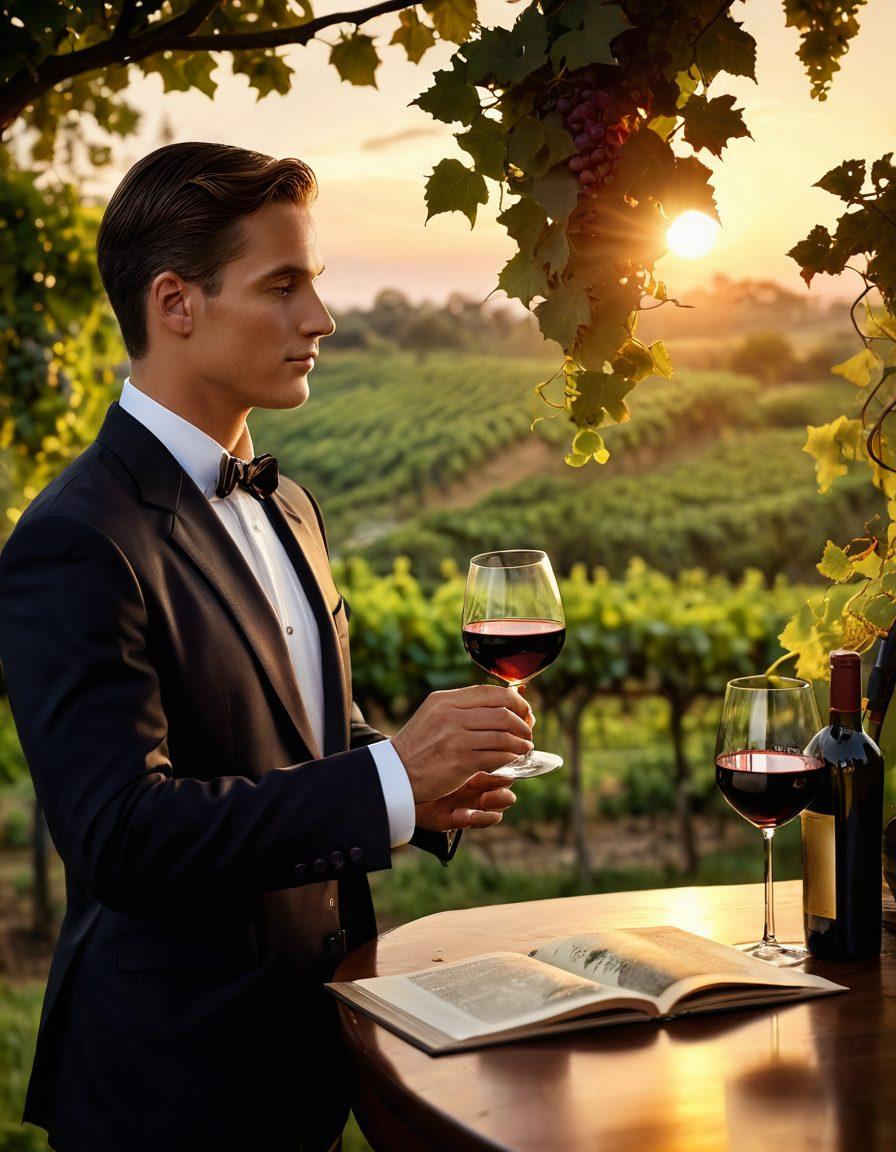 An elegant sommelier inspecting a glimmering wine glass filled with rich red wine, surrounded by lush green grapevines under a golden sunset. Include subtle elements like wine bottles with intricate labels and an open wine journal nearby. Emphasize the serene atmosphere and passion for wine. super-realistic. warm colors. soft focus.