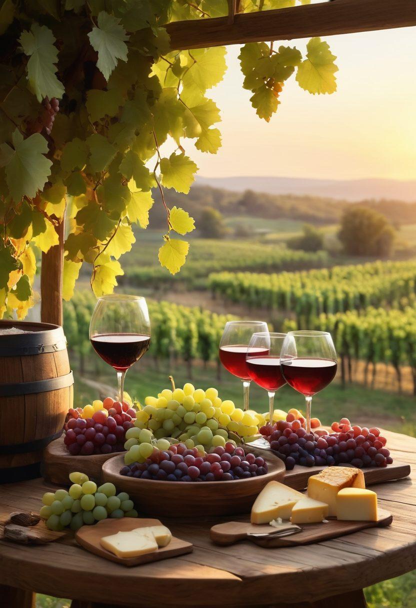 A rustic vineyard landscape at sunset, with lush grapevines and clusters of ripe grapes hanging. In the foreground, a wooden table with glasses of various wines reflecting the warm light, accompanied by a cheese platter. Hints of fermentation barrels in the background, enhancing the tranquil ambiance. Artistic and inviting atmosphere, inviting the viewer to savor the experience. vibrant colors. super-realistic.