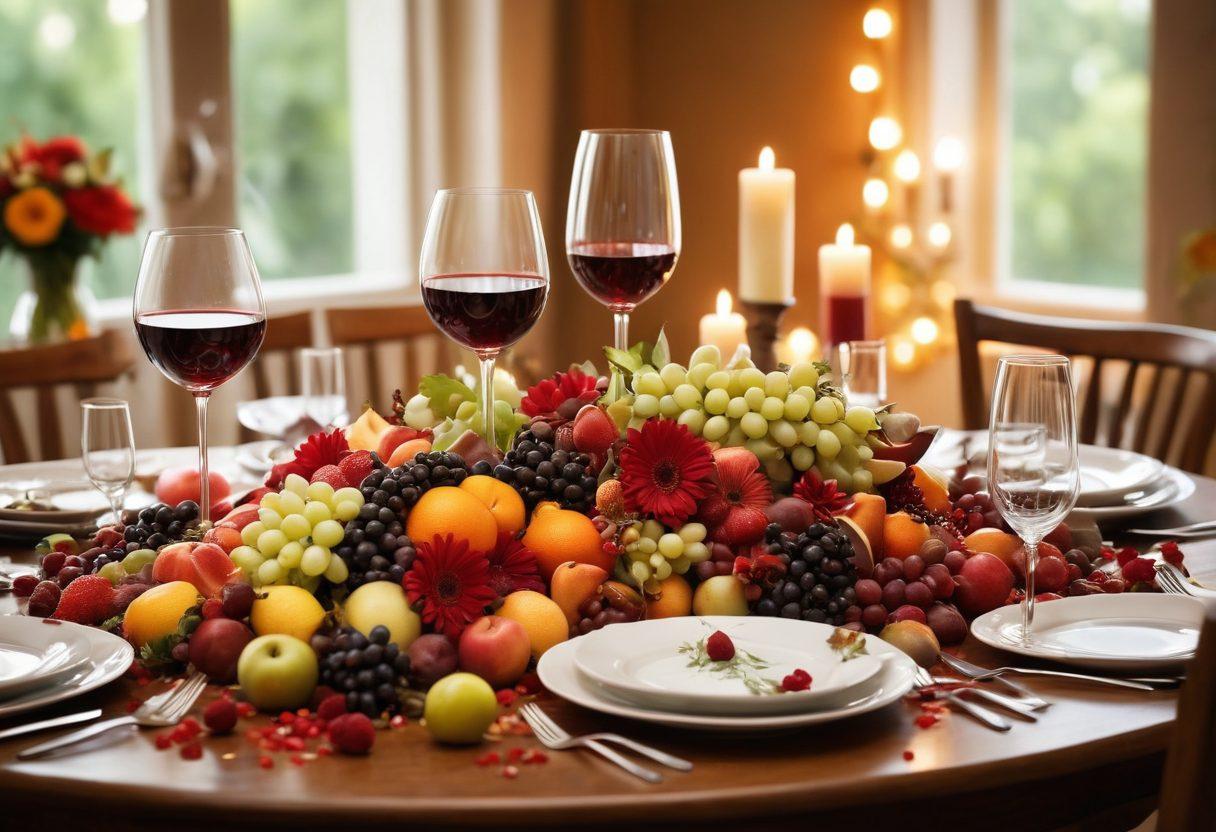A beautifully arranged table set for a celebration, adorned with elegant wine glasses filled with rich red and white wines, surrounded by vibrant fruits, colorful flowers, and soft candlelight. The background features a cozy, warmly lit indoor setting that evokes a sense of joy and contentment, with confetti falling gently to accentuate the festive mood. super-realistic. vibrant colors. warm lighting.